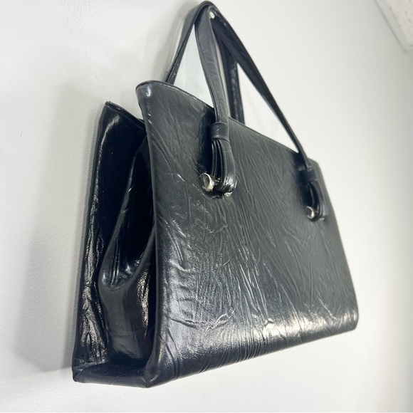 Vintage 50s 60s Canadian Made black leather structured hinged frame handbag - Picture 6 of 16